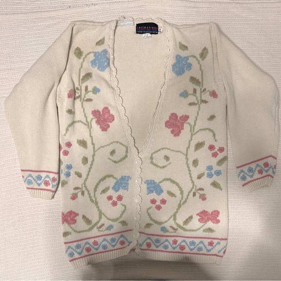 Sweaters - Floral Knit Cardigan Women's Size Small Cream Pastels Grandma Teacher Day Care